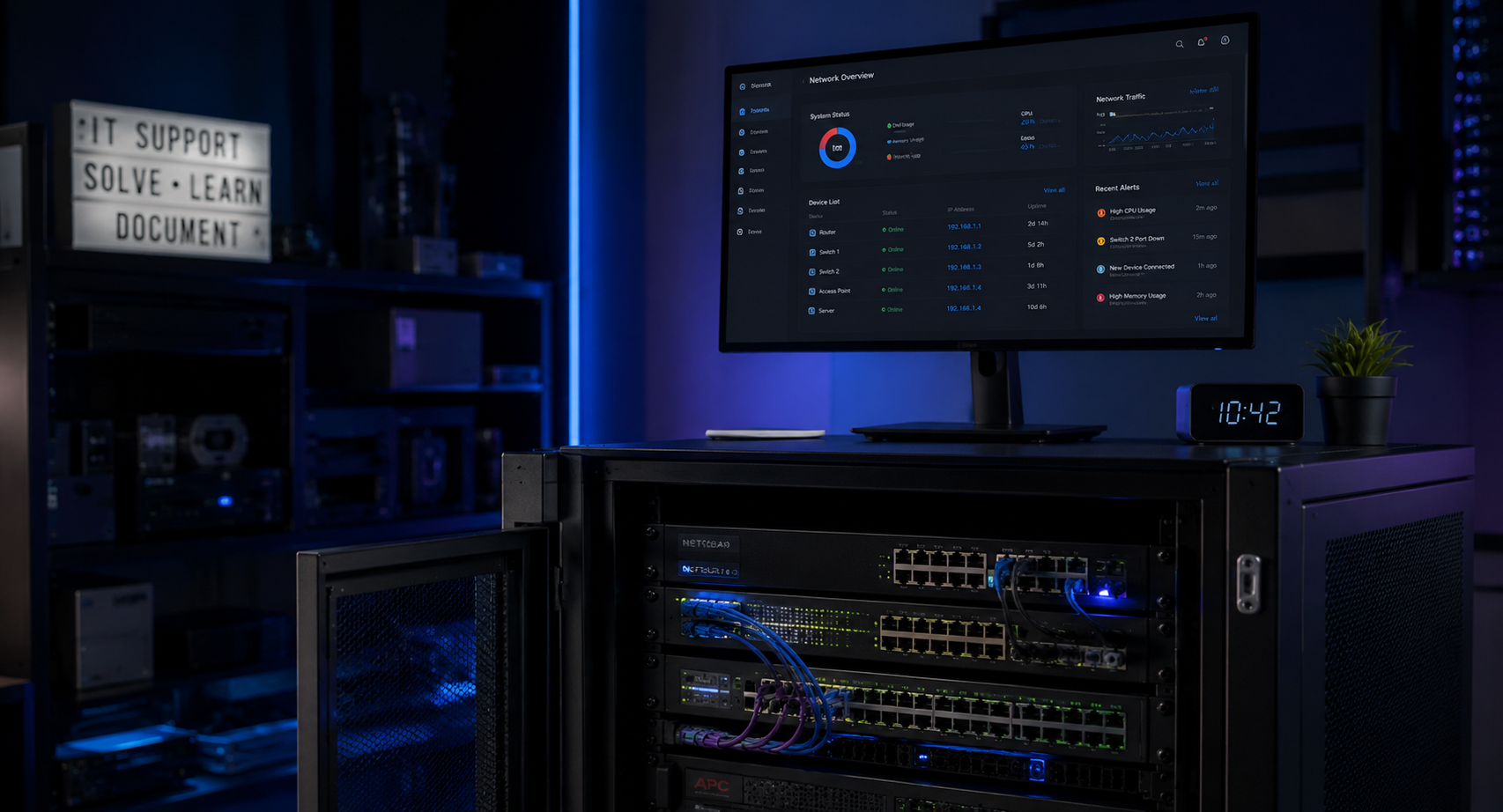 IT support workspace with server rack and network monitoring display